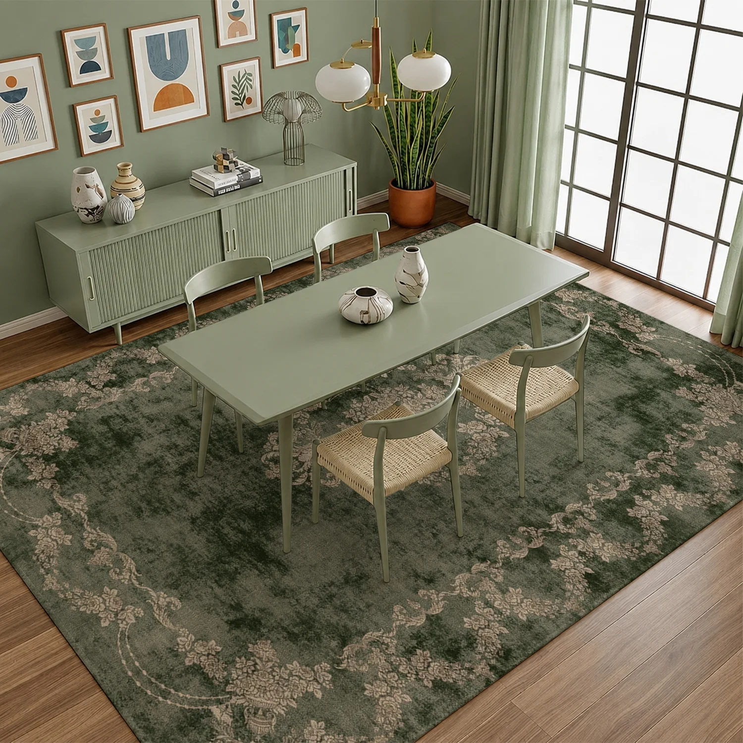 Large Indoor Area Rug, Soft Velvet Low Pile with Non-slip Dotted Backing, Machine Washable Vintage Ornate Floral Muted Green Rug for Living Room, Bedroom, Dining Room Floor Decor