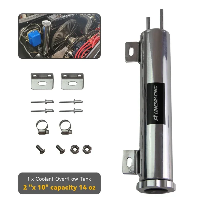 Polished Alunimum Universal  2x10 inch 14 Ounces Radiator Overflow Tank Catch Can with Mount Bracket