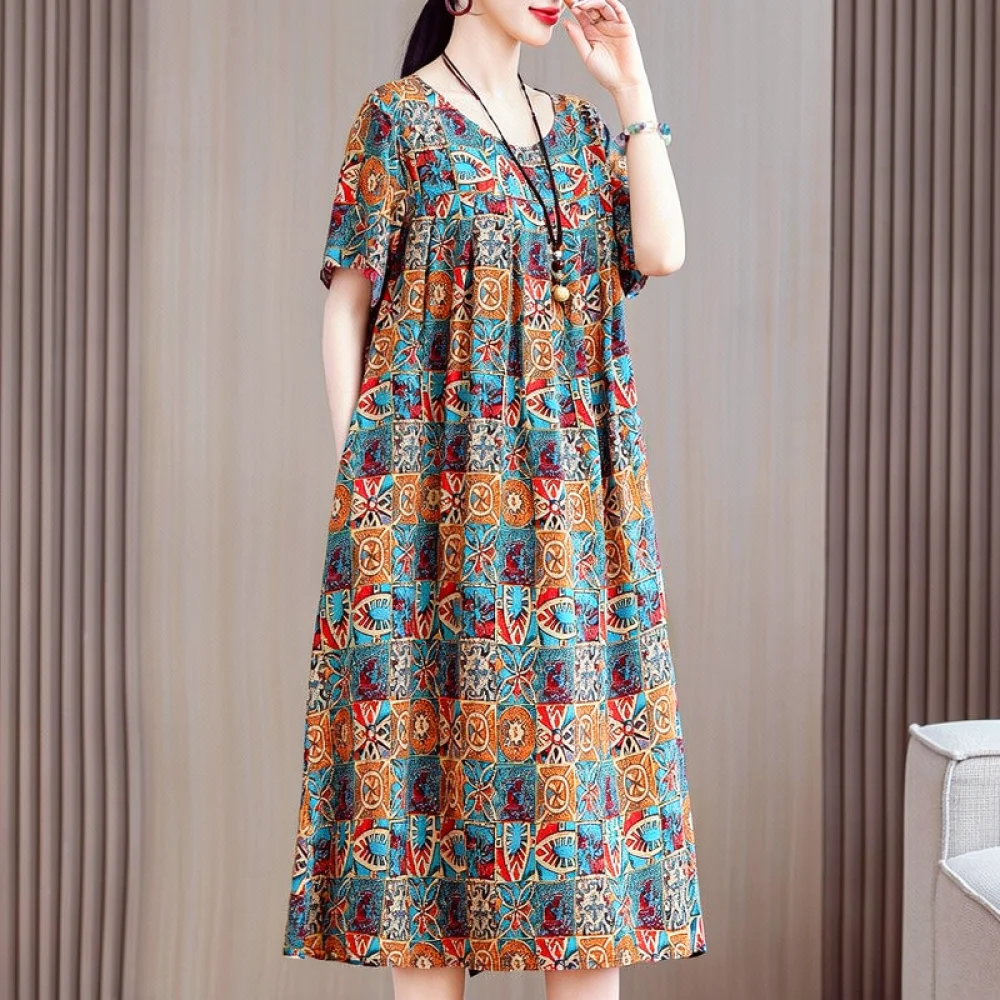 Summer Elegant Dress For Women Casual Loose Mother Clothing Plus Size Cotton Feel Material Breathable Soft Midi Apparel