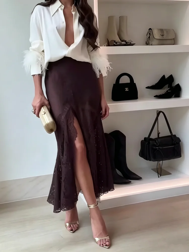 Autumn New Satin Lace Hem High Slip Women Skirts Elegant Slim Zip-up Brown Midi Skirt Ladies Chic Party Evening Club Skirts