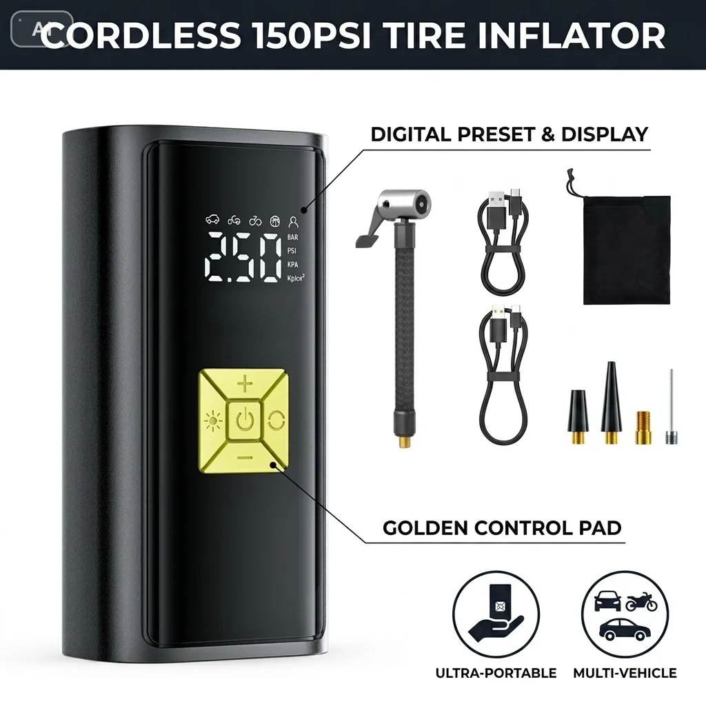 Cordless Car Tire Inflator Portable Air Compressor, 150 PSI Air Pump with Pressure Gauge, for Bicycle Bikes Motorcycles Balls