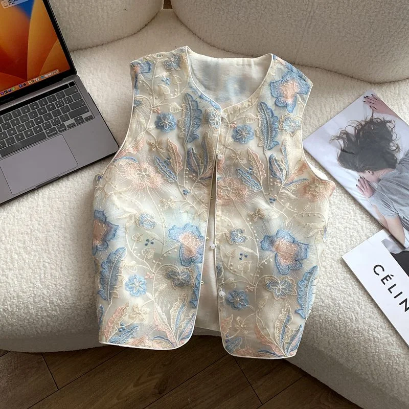 Women's Jackets Women's Vest  Short new Chinese Style Vest Women's 2025 Gauze Thin Summer vest Floral Embroidered Coat 	Jacket