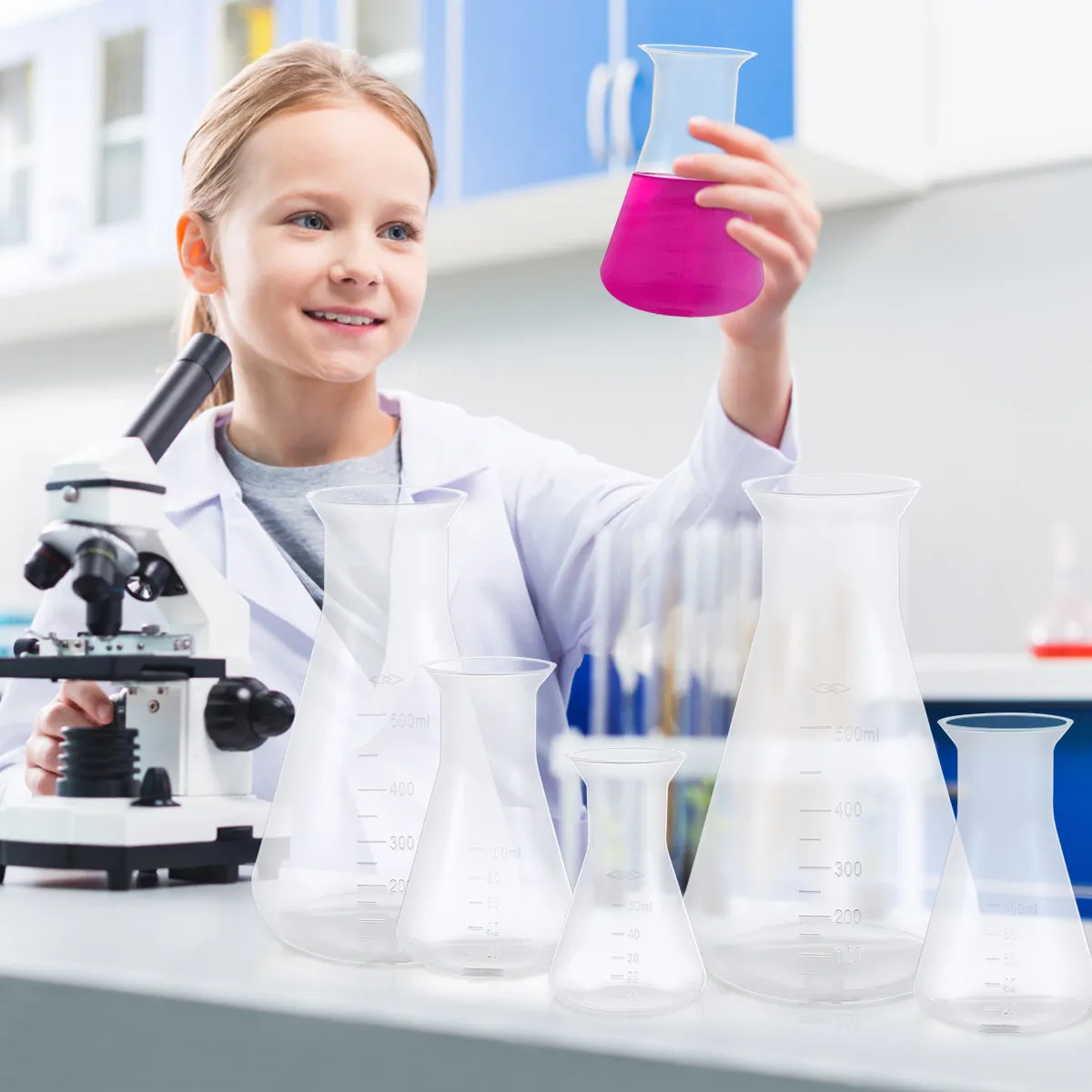 

Набор из 3 прозрачных пластиковых конических лабораторных колб с двусторонней шкалой, 50 мл, 100 мл, 500 мл, пищевой класс, без заусенцев, гладкая поверхность