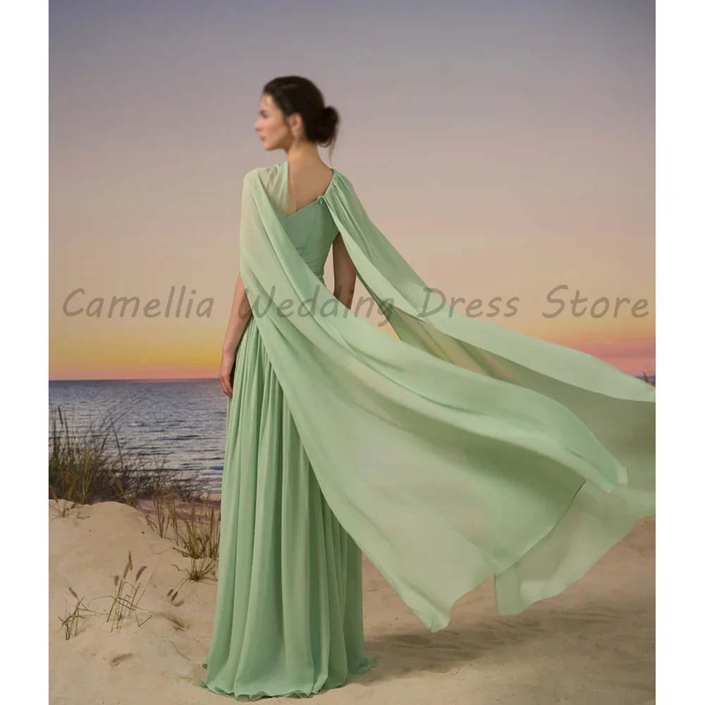 Vestido de Noche Verde de Gasa con Corte en A, Hombro Descubierto, Manga Capa, Cintura Fruncida con Cuentas, Largo hasta el Suelo, Formal para Invitadas de Boda