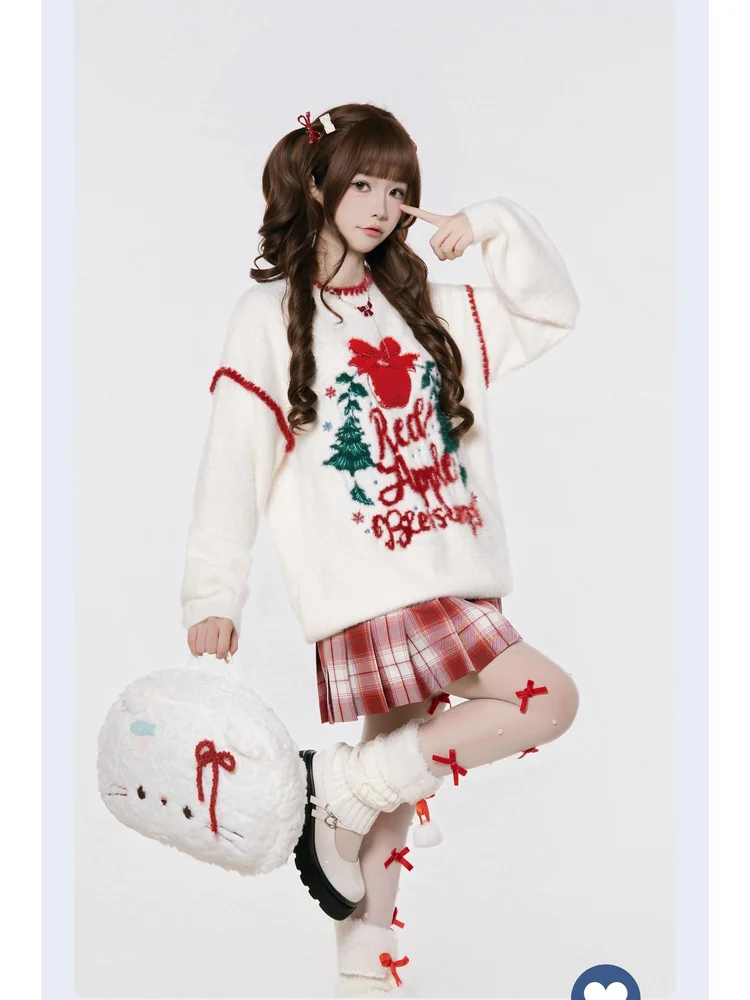 

Original American Letter Embroidery Round Neck Mink Imitation Sweater Lolita Girl Winter Christmas Outfit Lazy Style Sweater