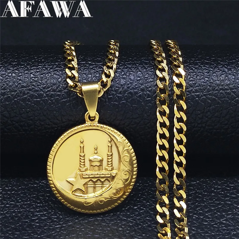 2024 Fashion Muslim Islam Moon Allah Palace Gold Color Stainless Steel Necklace Pendant Women/Men Jewelry bijoux femme NK64S02