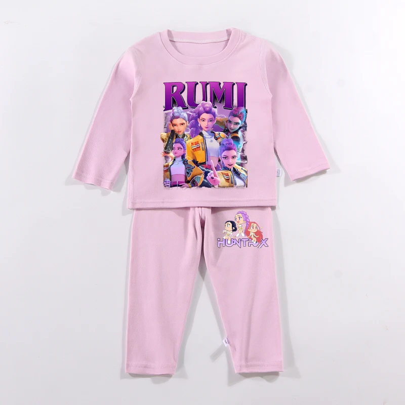 فيلم KPop شيطان الصيادين الطفل منامة بلون دافئ مجموعة فتاة طحن الصوف الخريف طويلة الأكمام ملابس المنزل رومي ثوب النوم