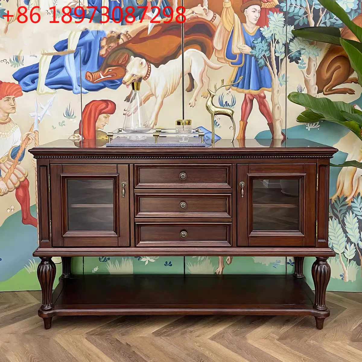 ตู้เก็บของอเนกประสงค์ไม้เนื้อแข็งสไตล์อเมริกันแบบคันทรี พร้อมเสาโรมัน สำหรับห้องนั่งเล่นหรือทางเข้า