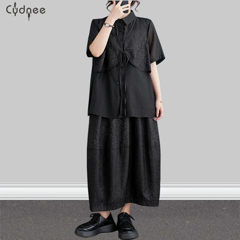 Two Piece Sets Dress Womens Personality of Fake Two Pieces Design Shirt Elastic Waist Skirts Fashion Short Sleeve Set Dresses