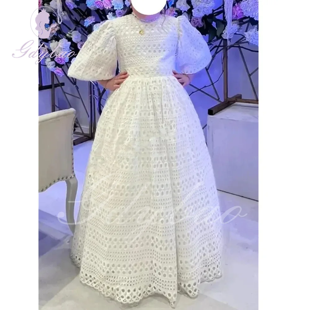 

White Lace Flower Girl Dress For Wedding Tulle Puffy High Neck Elegant Kids Birthday Party First Communion Ball Gowns 2024