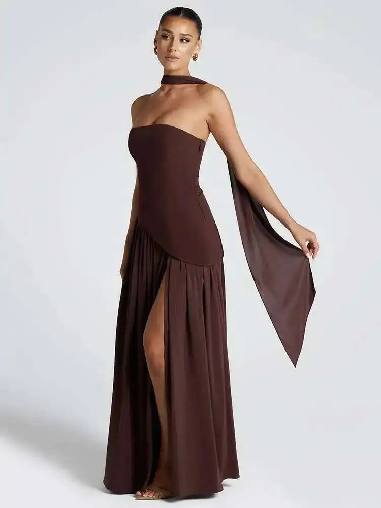 Robe Maxi Sexy sans bretelles, épaules dénudées, pour femmes, Patchwork, col écharpe, cuisse haute, fente, robe longue de soirée en boîte de nuit, hauts NOJ8