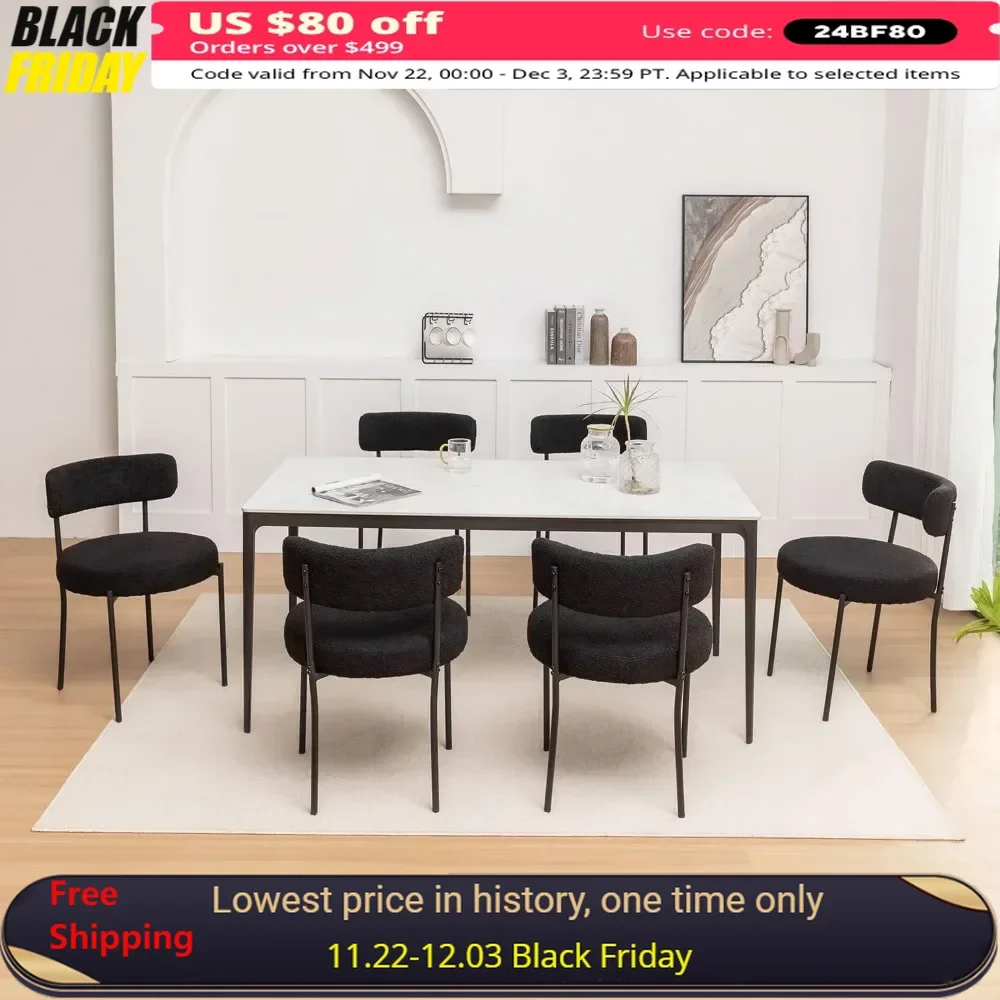 Dining Chair Set of 6 with Black Metal Legs for Dinings Room, Kitchen, Living Room, Modern Round Upholstered Dining Chair