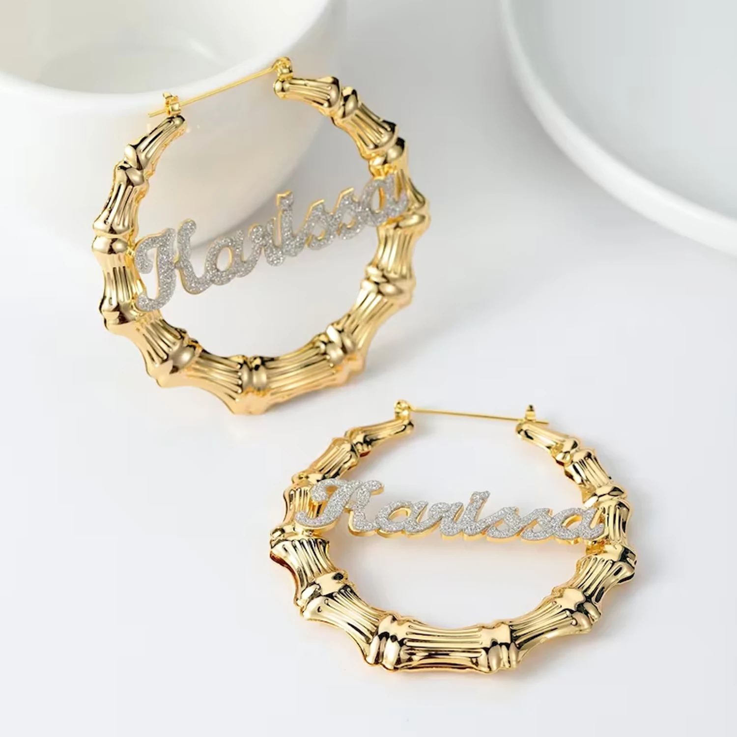 Qitian NEW Personalise Bling Bamboo Hoop Name Earring Stainless Steel Earrings Bamboo Style Custom Hiphop Name Jewelry For Her