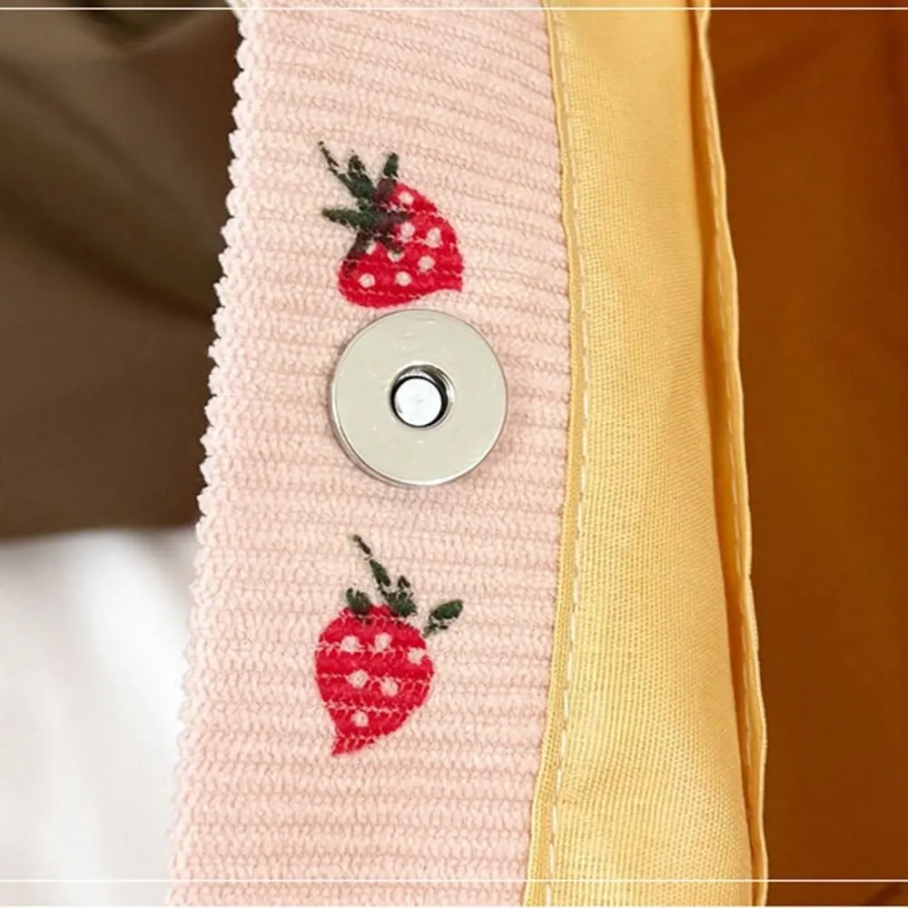 Cute Large Capacity Bow Tote Bag Printied Strawberry Corduroy Handbag Korean Style Cute Travel Bag Streetwear