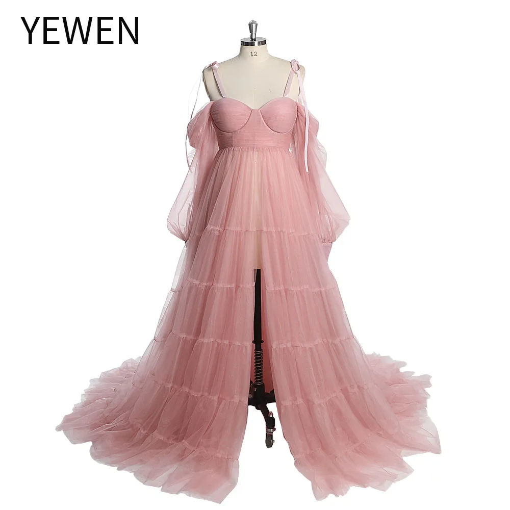 Elegant Off Shoulder Long Sleeve Tulle Party Dresses Women Evening Gown Photography Dress with Front Belly Slit YW221106