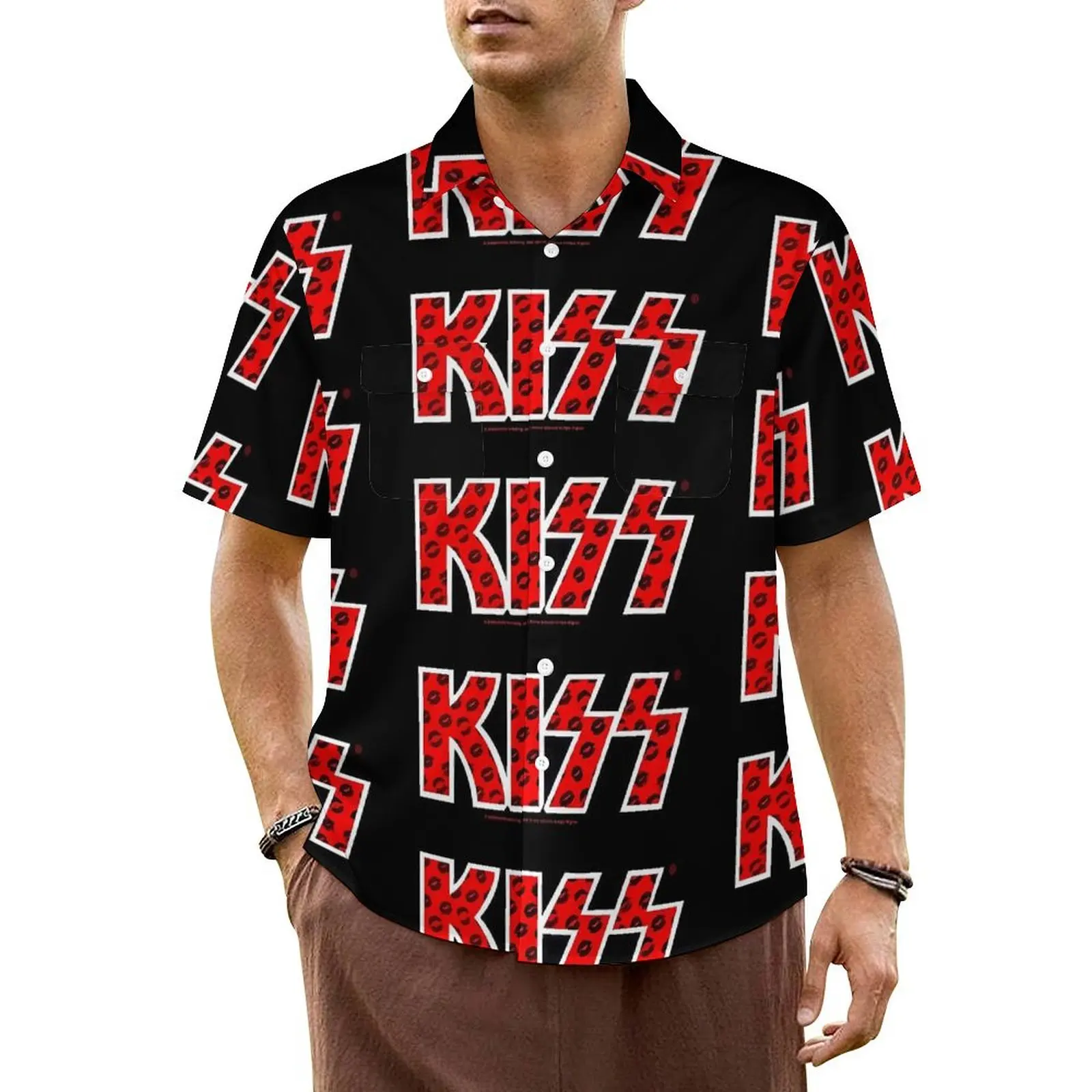 

Kiss Band Hawaiian Shirt For Men Vacation Black Lips Logo Casual Shirts Short Sleeve Harajuku Design Novelty Oversized Blouses