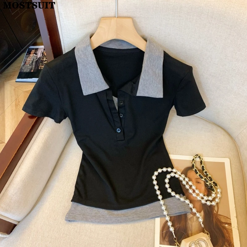 

Fake Two Pieces Sweater Tees Women 2025 Summer Short Sleeve Streetwear Fashion Slim Stylish Chic Ladies Tops T-shirts