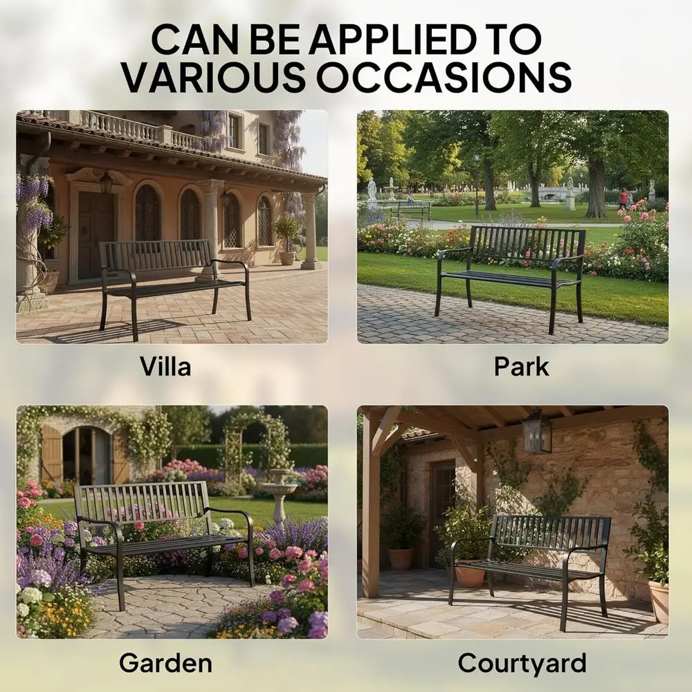 50 Banc de jardin extérieur, patio avec siège à lattes, porche en métal pour arrière-cour, bord de piscine, pelouse, noir