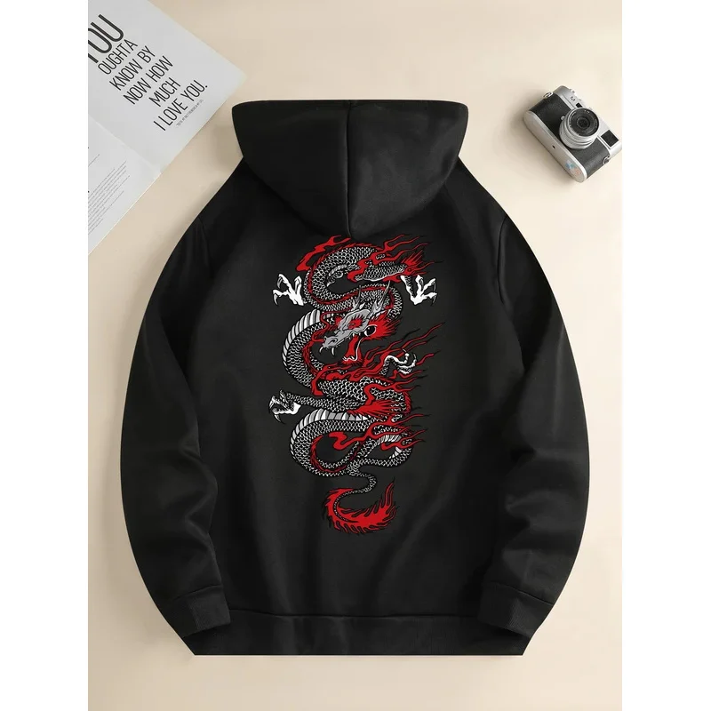 

Men's new fashion hoodie, casual daily drawstring hooded sweatshirt dragon print, front kangaroo pocket, men's jacket