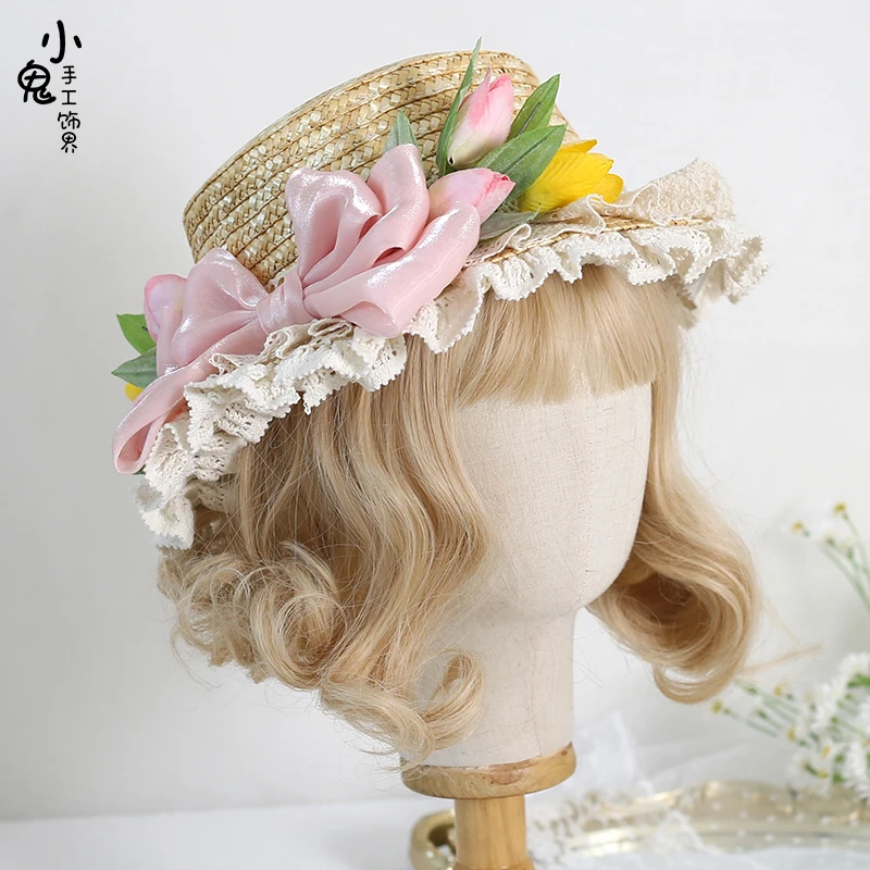 

Original LOLITA pink tulip straw hat elegant Lolita lace sunshade bow hat for summer outings