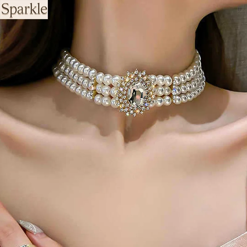 Exaggerated Grand Multi-Row Pearl Choker Necklace For Women Artificial Crystal Zirconia-Encrusted Short Statement Neck Jewelry