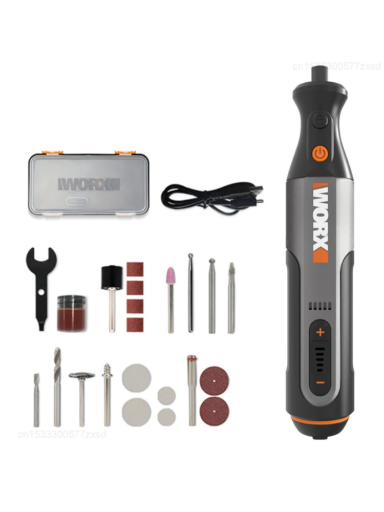 Worx 8V – akumulatorowe narzędzie wielofunkcyjne WX106: miniaturowa wiertarka, grawerka, szlifierka, polerka, ładowarka USB, regulowana prędkość, zestaw narzędzi. — 2
