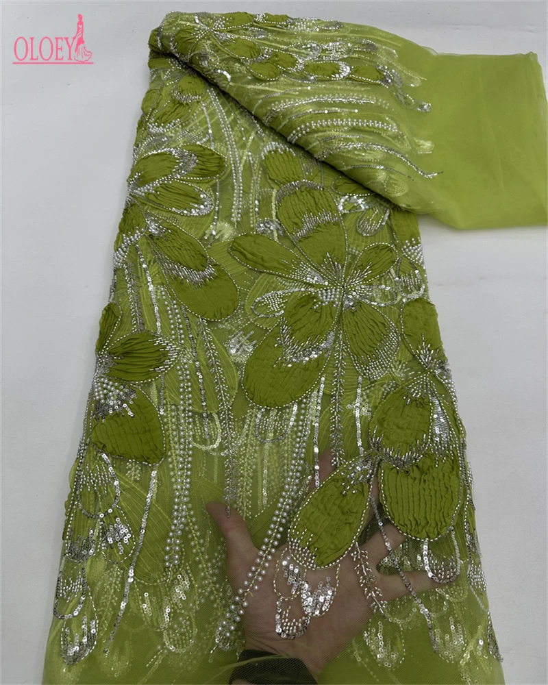 OLOEY Luxury Beaded Lace Fabric for Bridal Wedding Dress High Quality 5 Yards French Net Sequined African Sequined