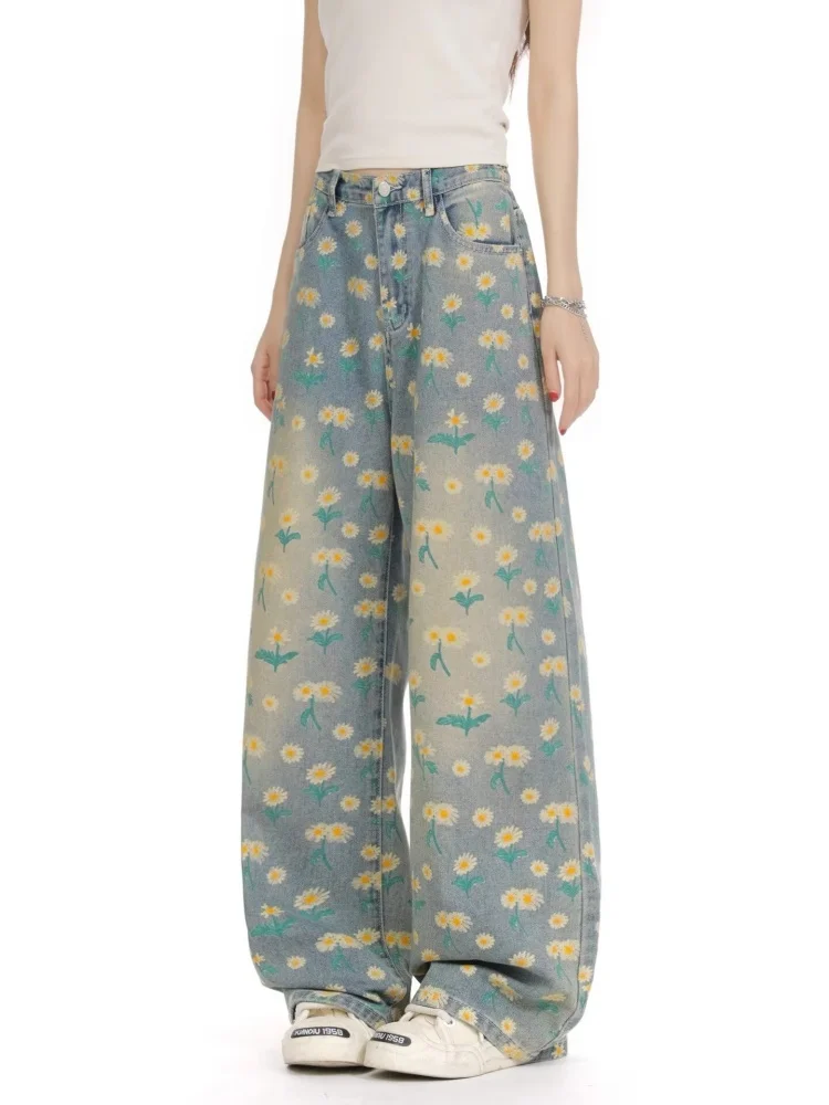 2025 Summer Y2K Fashion Flowers Printed Vintage Blue Baggy Jeans Pants For Women Clothing Casual Lady Denim Trousers Ropa Mujer