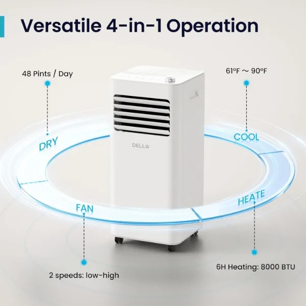 DELLA-Climatiseur portable WiFi intelligent, 10000 BTU, pompe à chaleur, refroidit jusqu'à 450 m², fédération Fonctionne avec Alexa