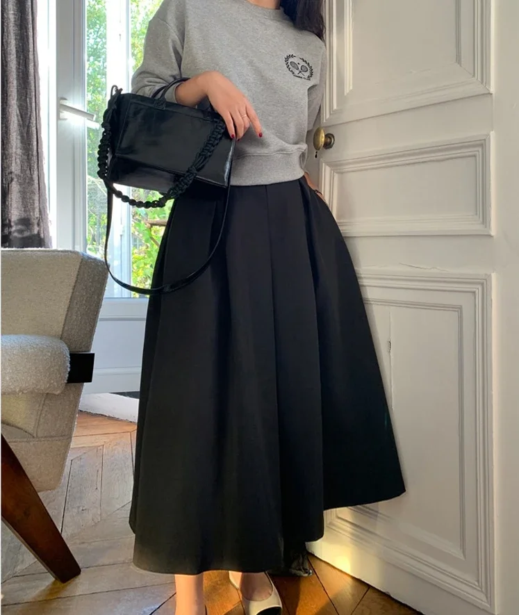 

Chic Pleated Pockets Suits Skirts Office Ladies 2024 Spring Summer Korean A-Line Loose Casual Women High Waist Midi Skirt