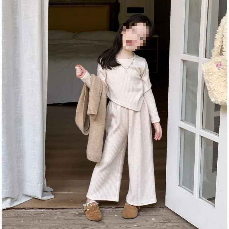 2026 Autumn Girls' Knitted Solid Color Soft Sticky Irregular Top and Elastic Waist Pants Two Piece Set