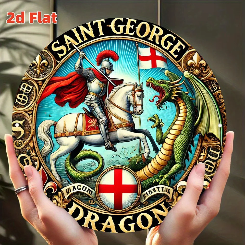 2D Flat, Saint George Slays Dragon Wall Plaque - Retro Medieval Aluminum Sign Suitable for Indoor/Outdoor Decor, Durable Theme