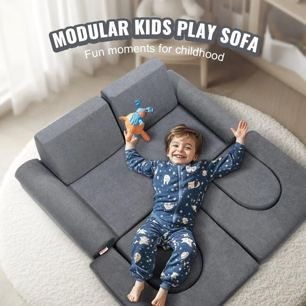 Sofá de jogo modular para crianças, 10 peças, sofá-cama, cadeira, capa removível, móveis para sala de jogos, cinza