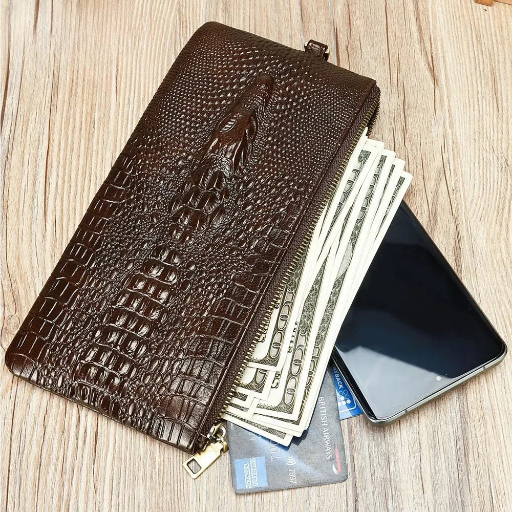 Genuine Leather Men's Crocodile Pattern Wallet Id Holder Cell Phone Man Purse Long Cowhide Wallet Business Multi Slot Cluth Bag