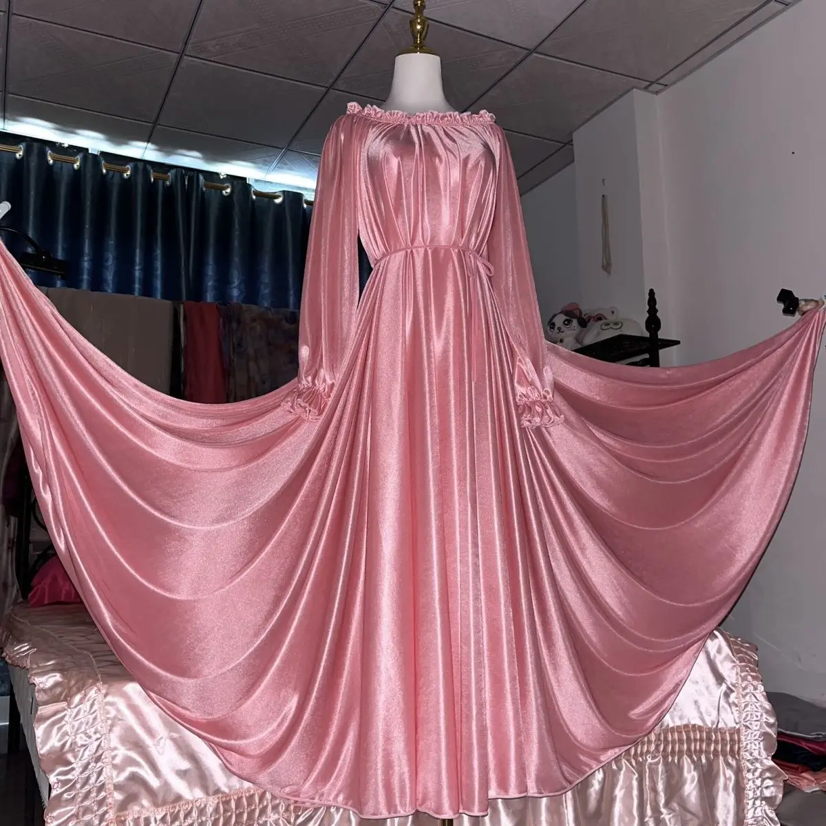 

Glossy Ice Silk Ruffles Women Satin Ruffles Long Maxi Dress Elegant Dresses