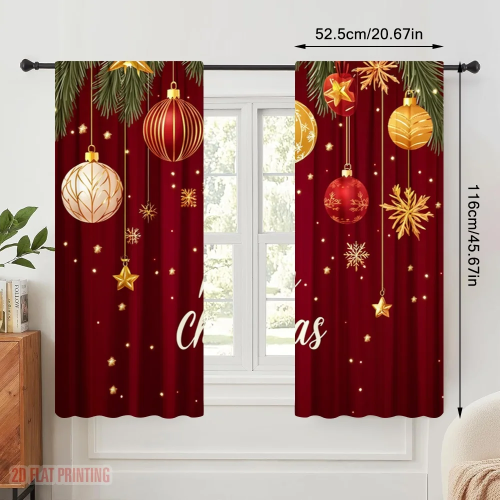2pcs,2D plane printing Curtain Fabric Christmas Ornaments Hanging Festive Decorations Versatile Durable Polyester (without rod)