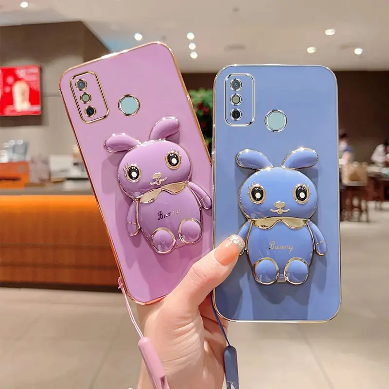 Phone Case For Infinix Tecno Spark 6 Go Luxury Plating Square Rabbit Holder With Landyard Phone Case Cover