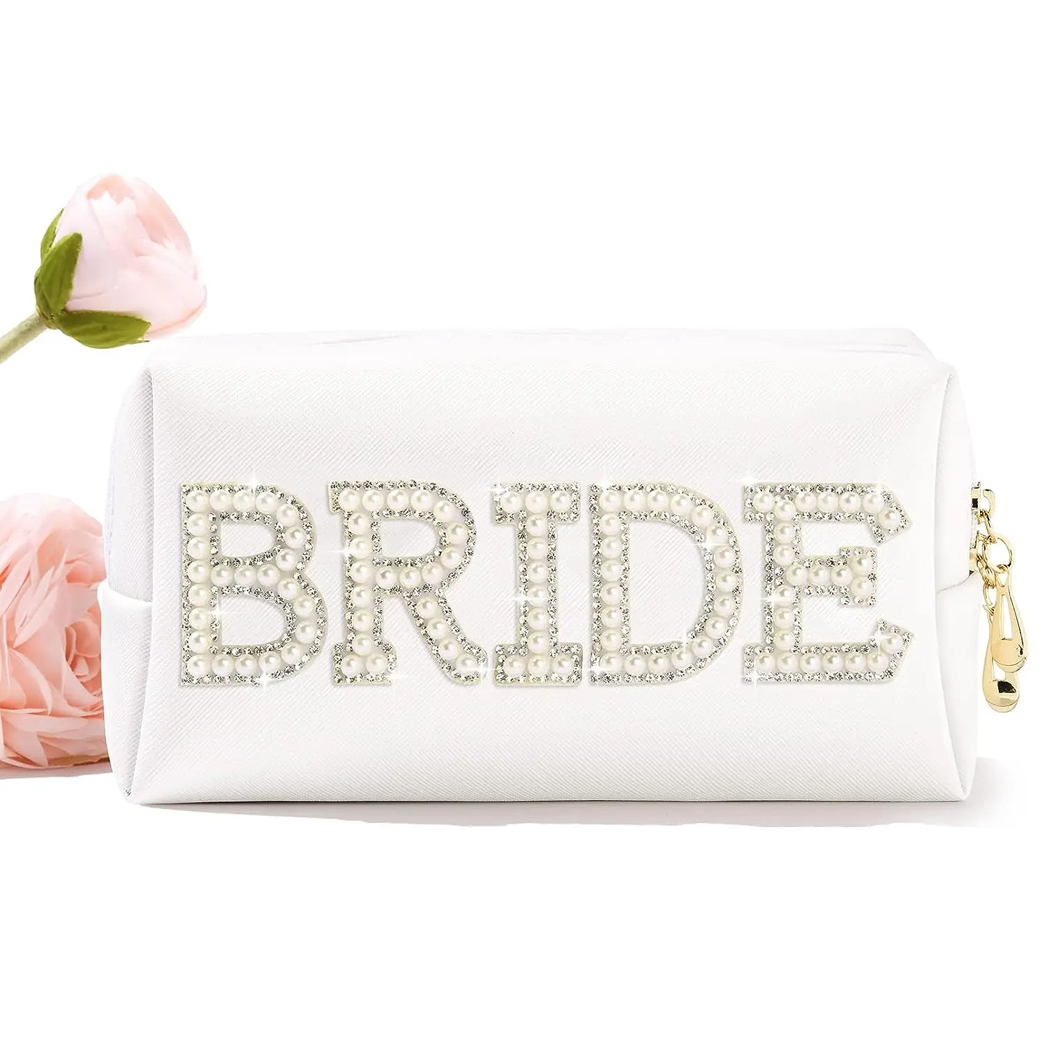 Bride Makeup Bag Cosmetic Bag PU Leather Toiletry Bag Pearl Rhinestone Letter Patches Bling Bride Gifts Zipper Purse Travel Orga