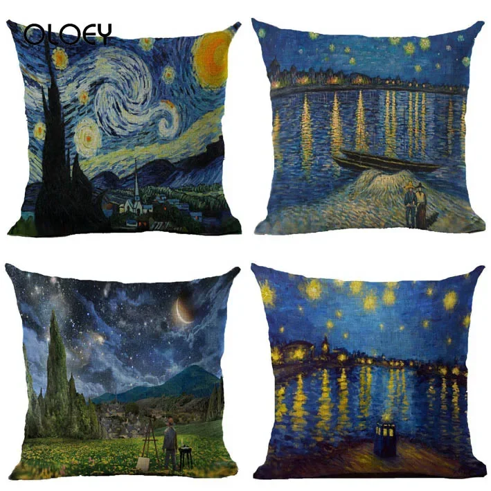 Van Gogh Oil Painting Style Cotton and Linen Cushion Cover Home Hotel Car Decoration Pillow Case Soft and Comfortable 45x45cm  .