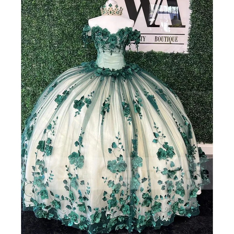 

Green Off The Shoulder Quinceanera Dresses 2023 Tulle Lace Up Appliques Ball Gown Birthday Party Dress Vestidos De 15 Años