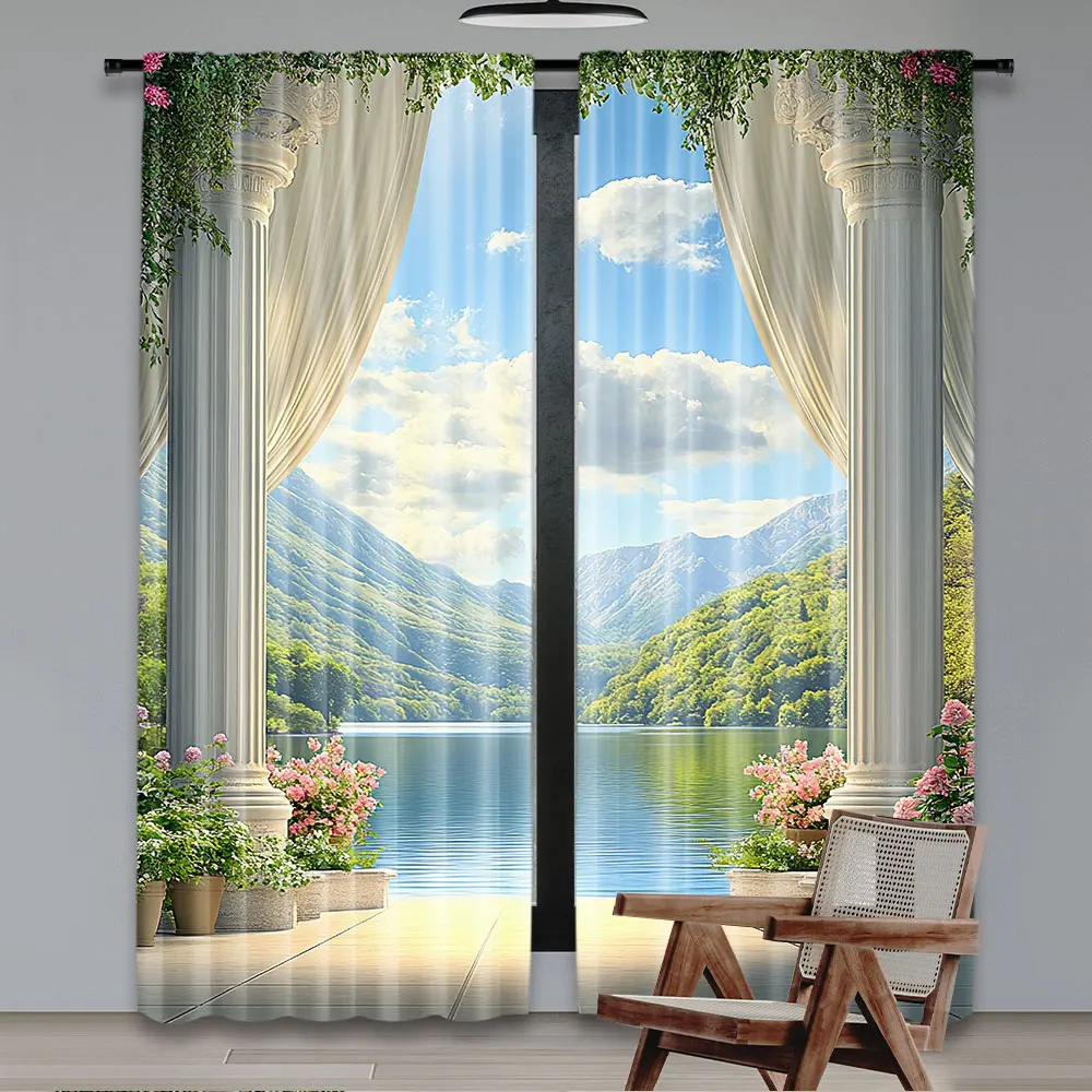 2Pcs Italian Curtain Old Stone Arch View The Sea Balcony Fresco Garden Plants Suitable For Bedroom Bathroom Living Room Dining
