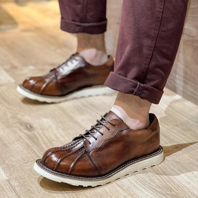 Luxury Retro Men's Genuine Leather Motorcycle Boots British Low Top Brogues Shell Toe Wedding Derby Shoes Male Loafers Handmade
