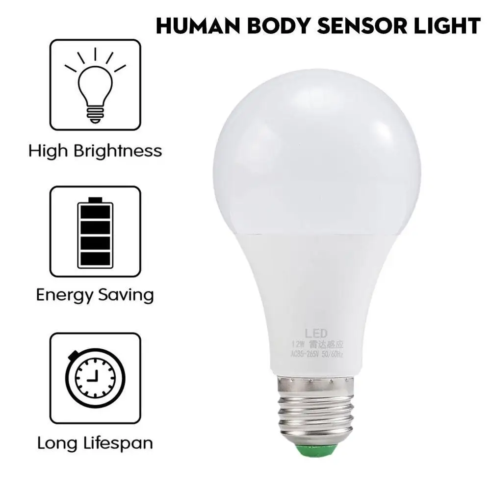 E27 7W/12W żarówka radarowa lampa gruszkowa z energią ruchu E27 oszczędność w inteligentnej diodzie LED ciemność nocna lampa robocza L4V5