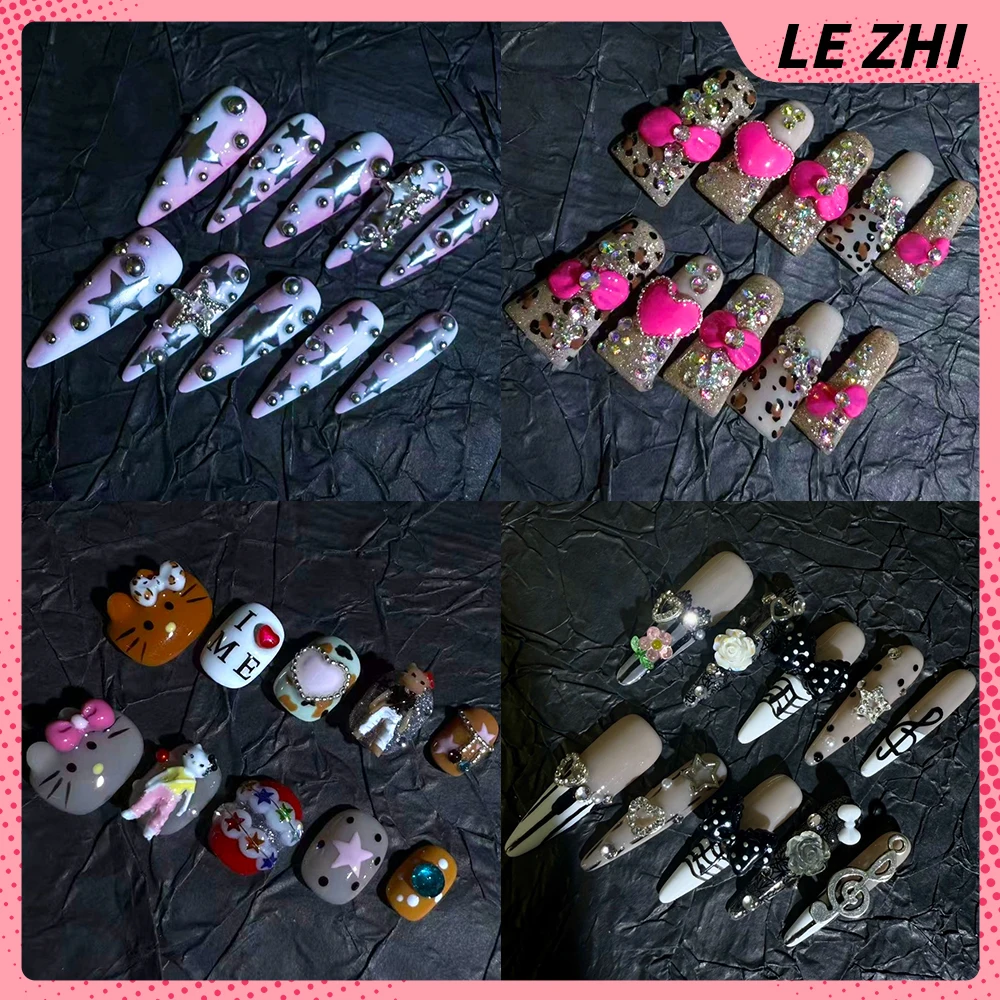 

Spice Girl Hello Kitty Handmade Long Coffin Stilettos Duckbill Press On Nails Snake Spider Web Flower Rivets Diamond Fake Nails