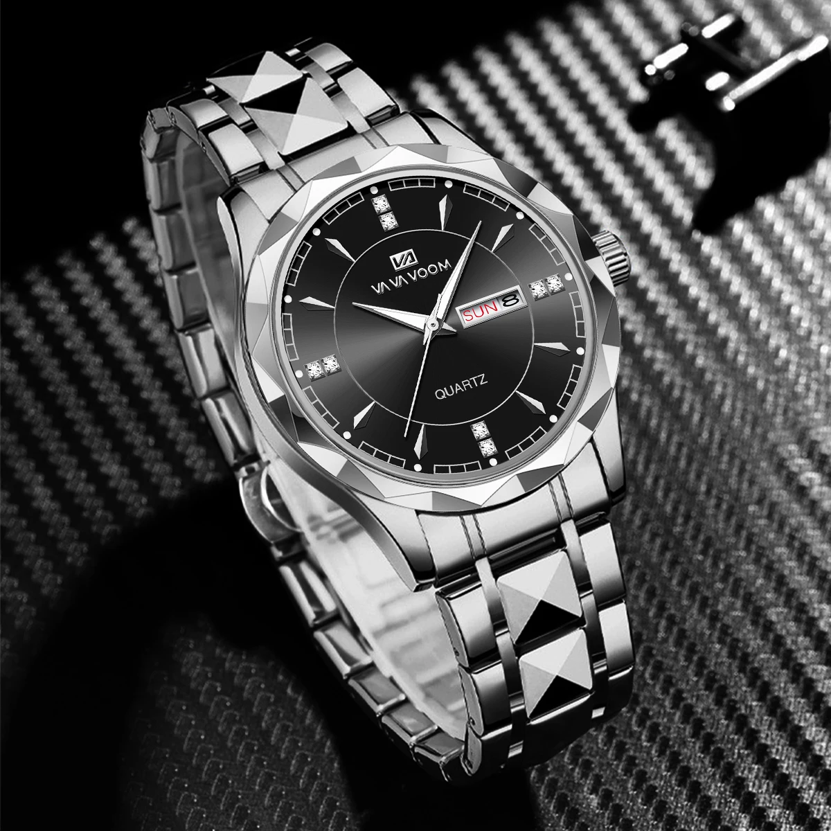 VA VA VOOM hommes montre en acier inoxydable classique noir strass luxe horloge d'affaires 3Bar semaine mouvement sport montre-bracelet à Quartz