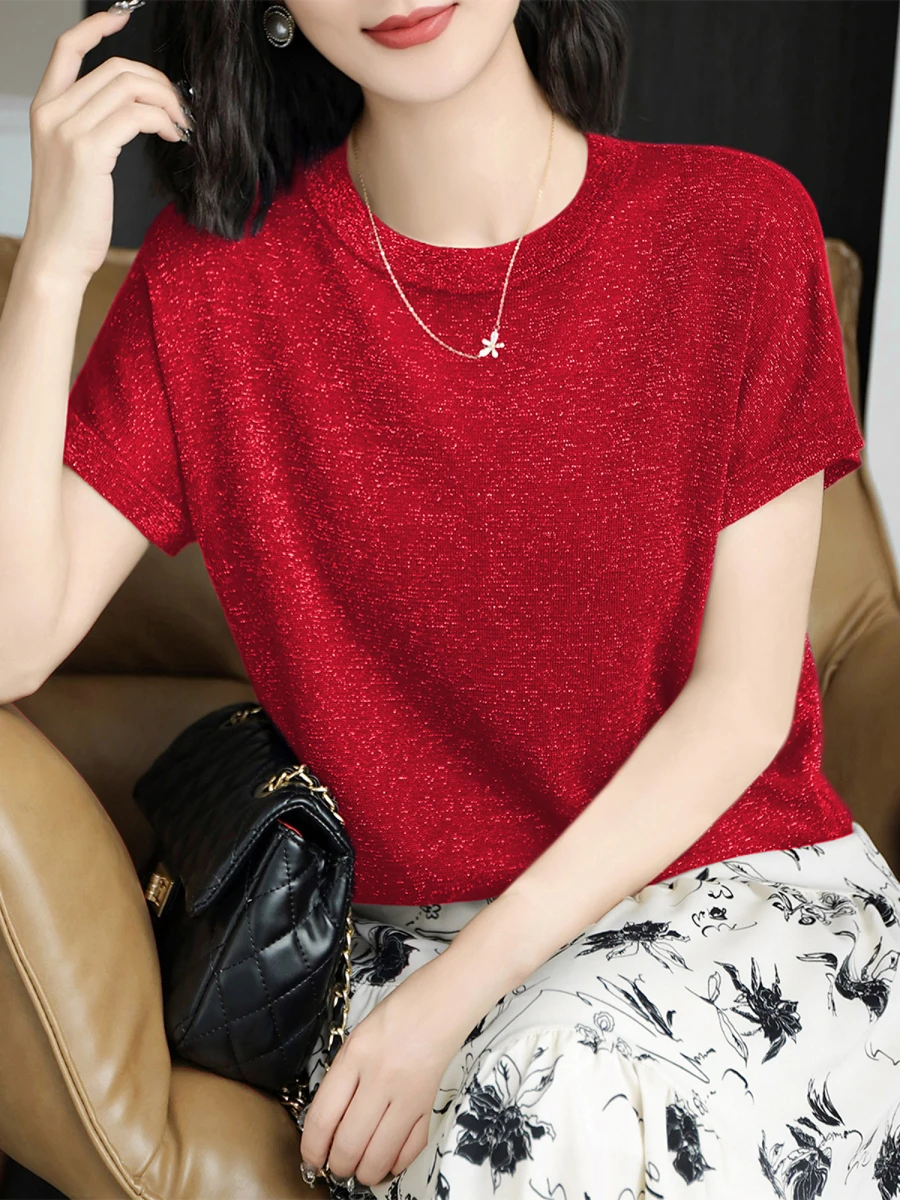 

Летний новый красный круглый трикотажный топ 2025 года, женский свободный облегающий тонкий топ из ледяного шелка, корейский стиль, для повседневной носки