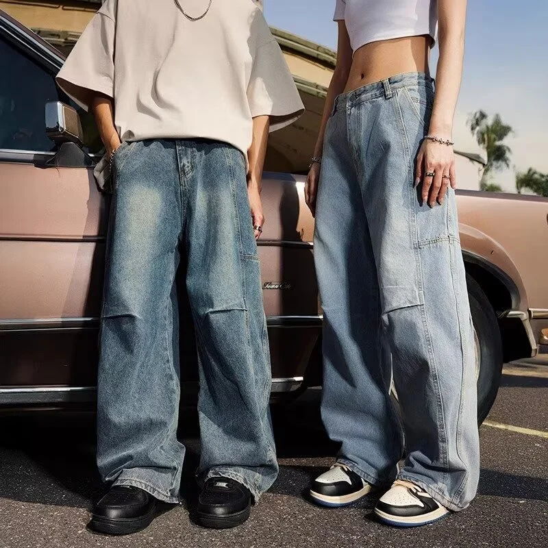 

Autumn Men's Hip Hop Fashion Spliced Baggy Jeans Pleated Design Casual Straight-Leg Denim Pants Y2K Vintage Streetwear jean