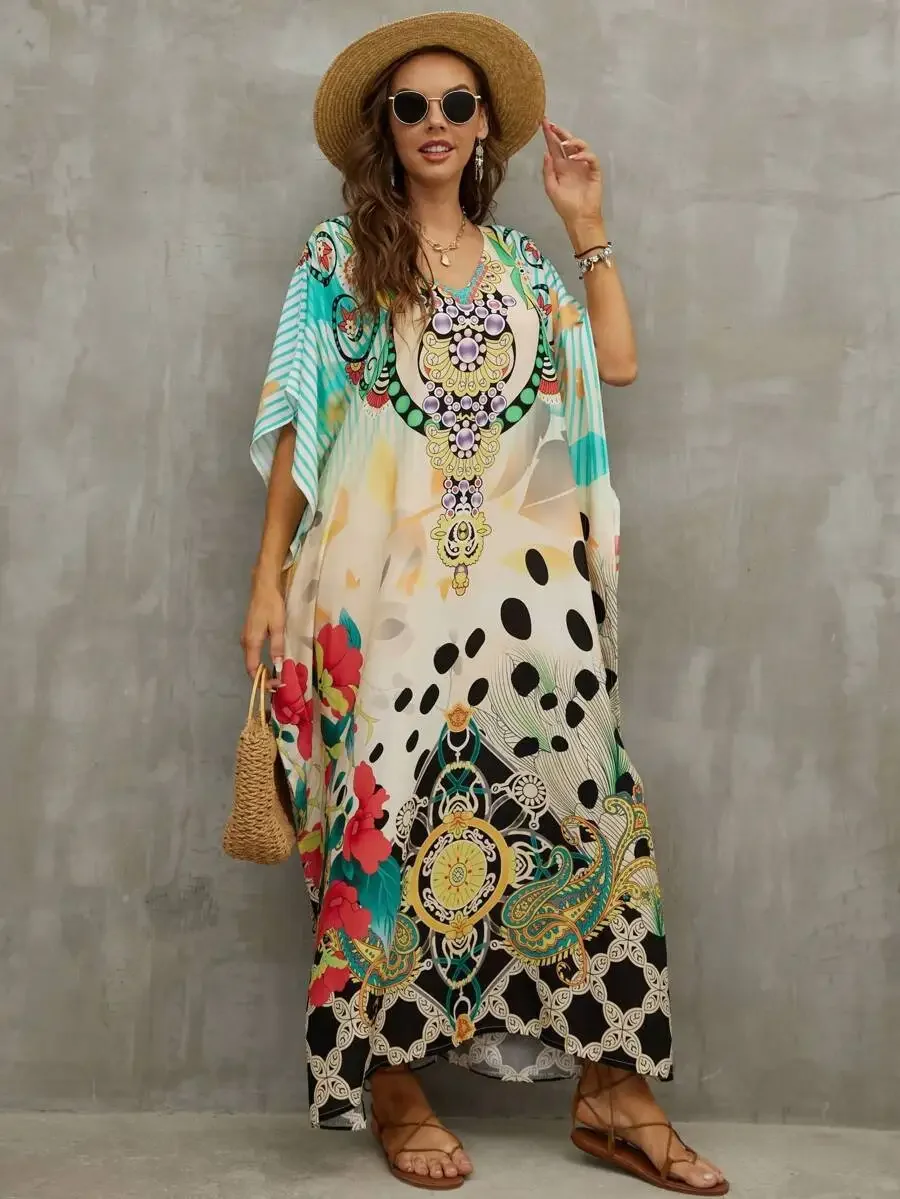 

Womens V-Neck Kaftan Maxi Dress With Floral Print, Beach Cover Up