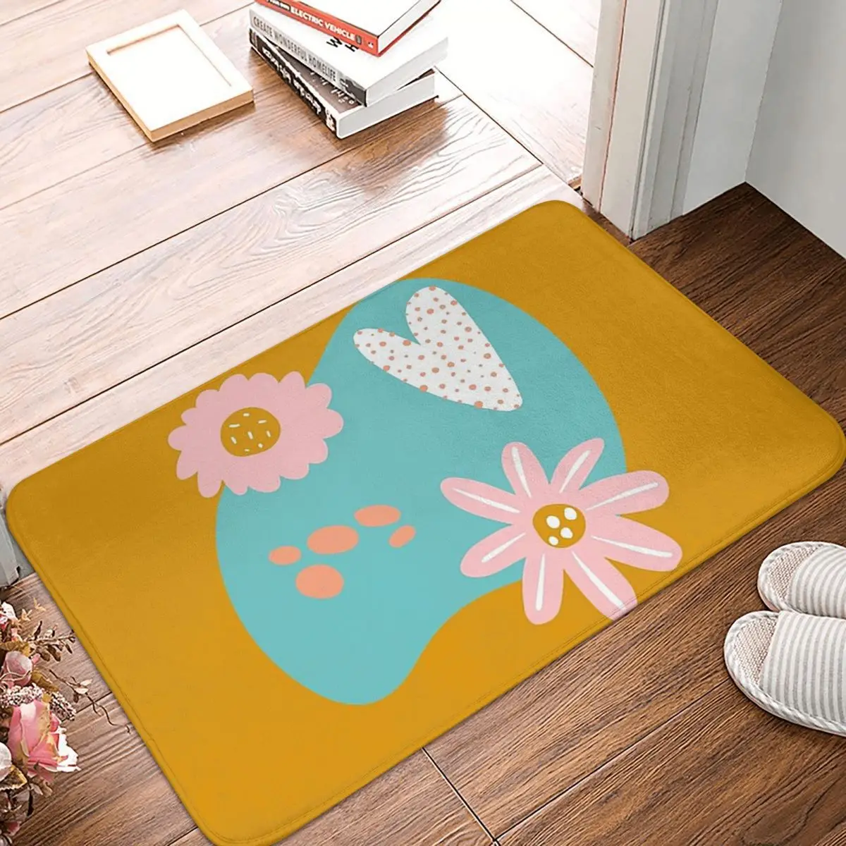 Pink Flowers On Cyan And Ochre Anti-slip Doormat Floor Mat Dust-proo Carpet Rug for Kitchen Entrance Home Bedroom Footpad Mats