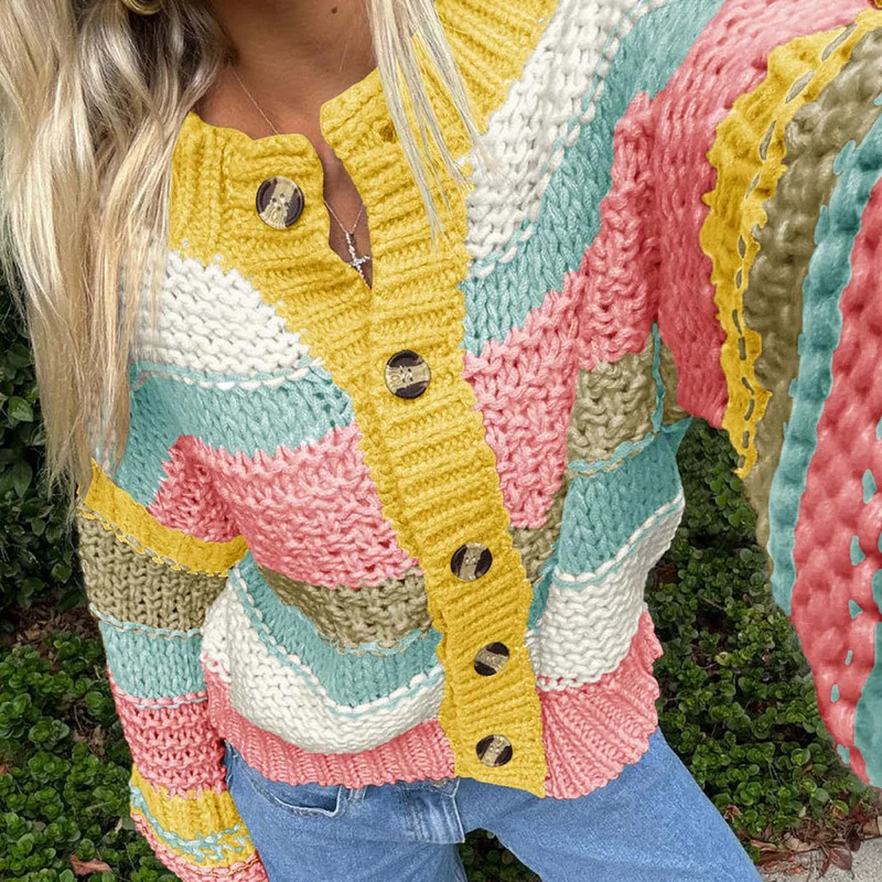 

Striped Contrasting Button Autumn Winter Sweater New 2025 Casual O-neck Long Sleeved Sweater Elegant Warm Loose Knitted Sweater
